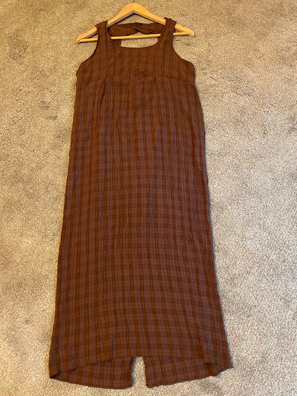 Victoria Falls Crinkle Brown Sleeveless Maxi Dress Boho Earthy Size L Cut out